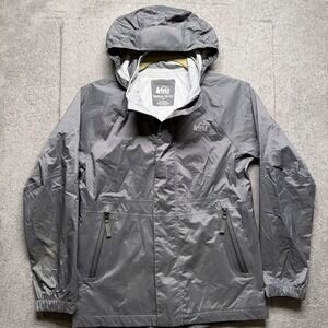 REI Co-op Kids Hooded Rain Jacket Gray Silver Lightweight Outdoor Medium 10-12
